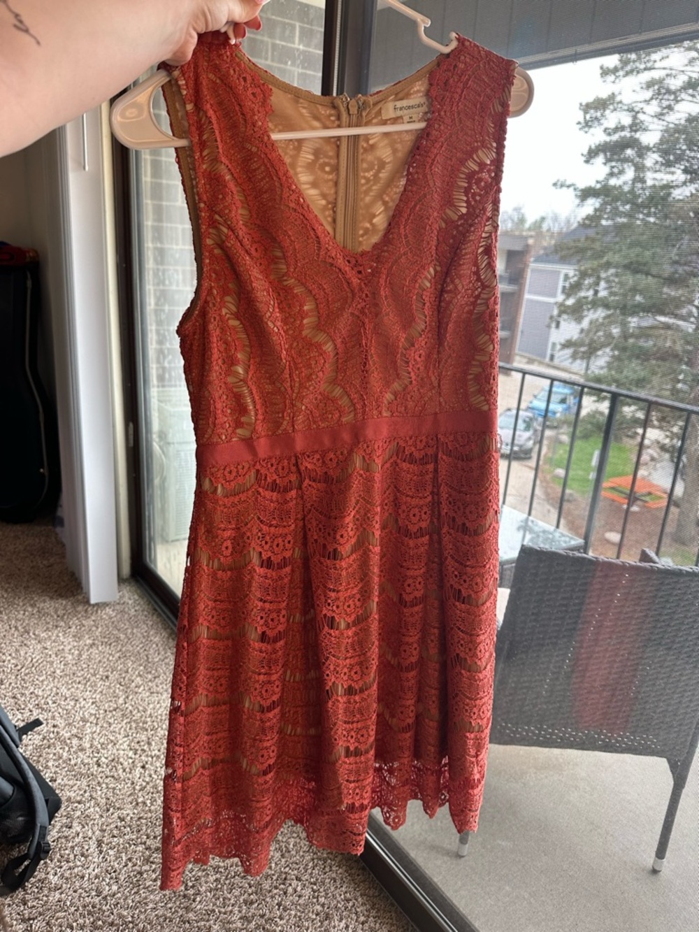 Francesca's Collections Rust Lace V-Neck Mini Dress